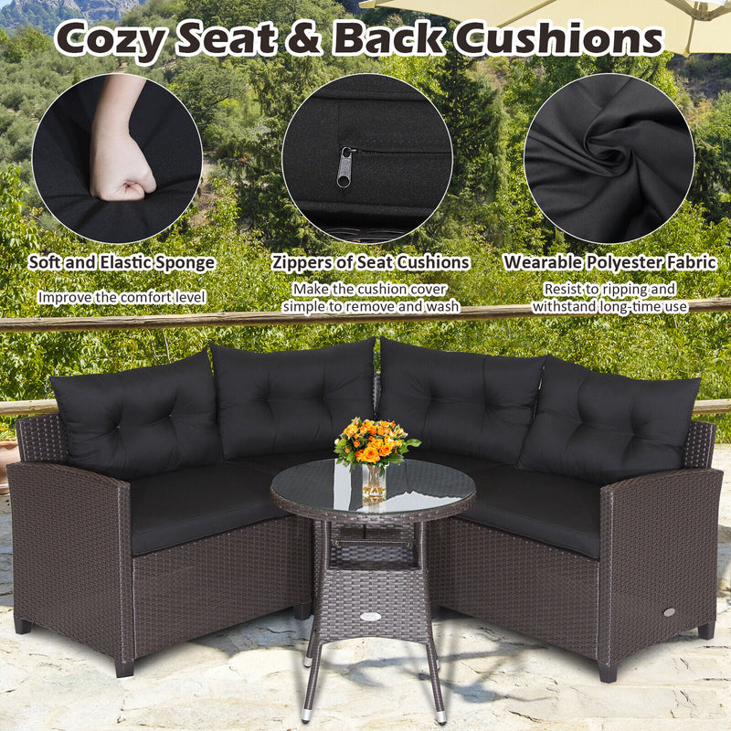 Costway - 4 Pieces Patio Rattan Furniture Set Cushioned Sofa Glass Table-Black