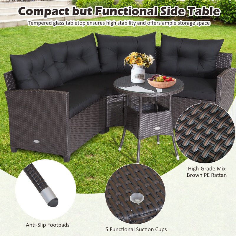 Costway - 4 Pieces Patio Rattan Furniture Set Cushioned Sofa Glass Table-Black