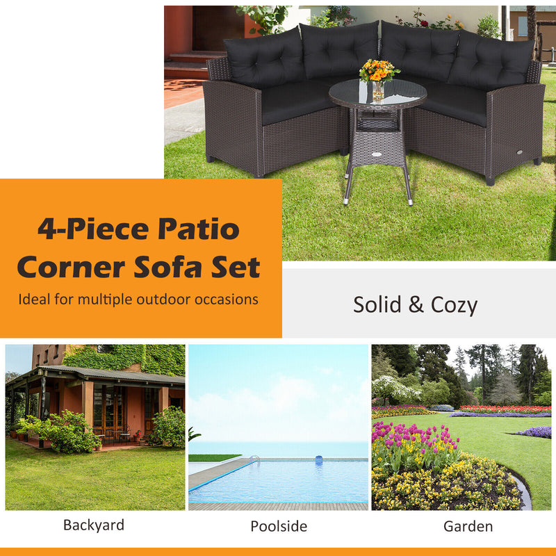 Costway - 4 Pieces Patio Rattan Furniture Set Cushioned Sofa Glass Table-Black