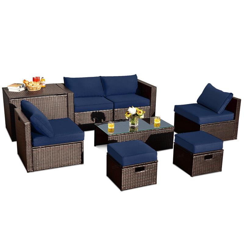 Costway - 8 Pieces Patio Space-Saving Rattan Furniture Set with Storage Box and Waterproof Cover-Navy