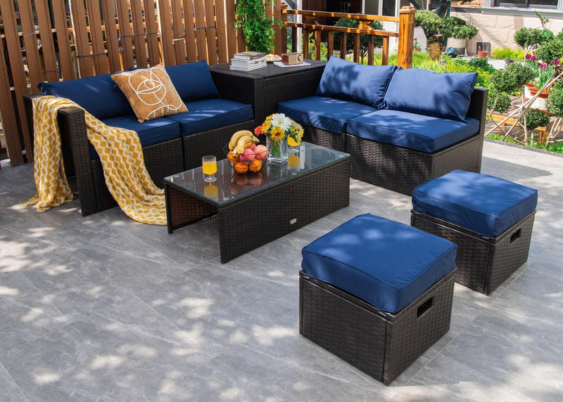 Costway - 8 Pieces Patio Space-Saving Rattan Furniture Set with Storage Box and Waterproof Cover-Navy