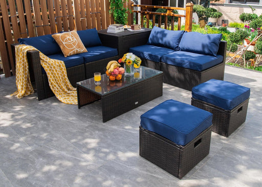 Costway - 8 Pieces Patio Space-Saving Rattan Furniture Set with Storage Box and Waterproof Cover-Navy