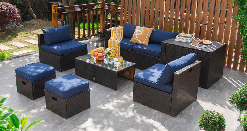 Costway - 8 Pieces Patio Space-Saving Rattan Furniture Set with Storage Box and Waterproof Cover-Navy