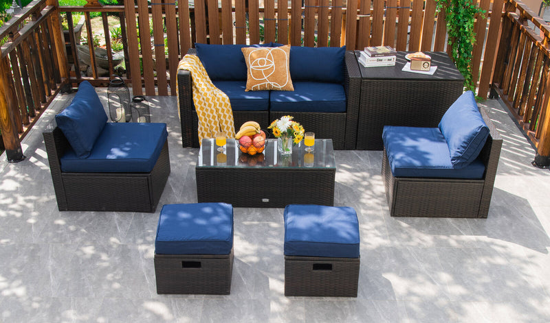 Costway - 8 Pieces Patio Space-Saving Rattan Furniture Set with Storage Box and Waterproof Cover-Navy