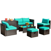 Costway - 8 Pieces Patio Space-Saving Rattan Furniture Set with Storage Box and Waterproof Cover-Turquoise