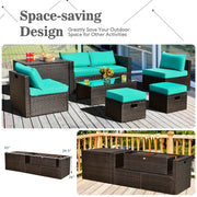 Costway - 8 Pieces Patio Space-Saving Rattan Furniture Set with Storage Box and Waterproof Cover-Turquoise
