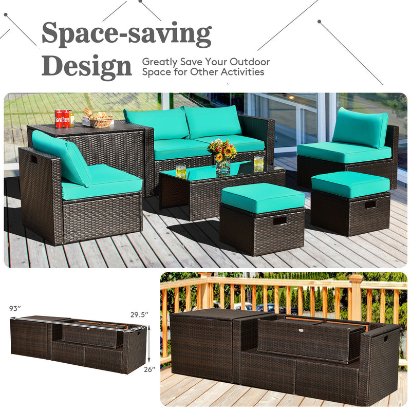 Costway - 8 Pieces Patio Space-Saving Rattan Furniture Set with Storage Box and Waterproof Cover-Turquoise