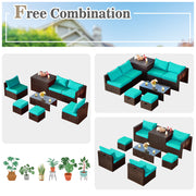 Costway - 8 Pieces Patio Space-Saving Rattan Furniture Set with Storage Box and Waterproof Cover-Turquoise
