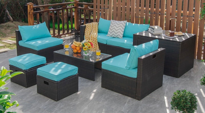 Costway - 8 Pieces Patio Space-Saving Rattan Furniture Set with Storage Box and Waterproof Cover-Turquoise