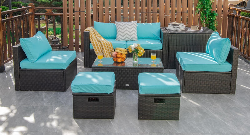 Costway - 8 Pieces Patio Space-Saving Rattan Furniture Set with Storage Box and Waterproof Cover-Turquoise