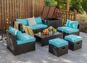 Costway - 8 Pieces Patio Space-Saving Rattan Furniture Set with Storage Box and Waterproof Cover-Turquoise