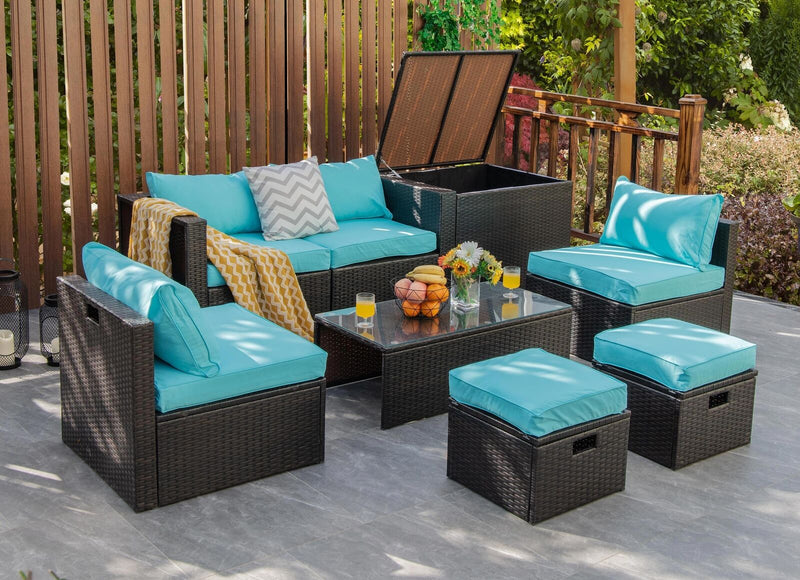 Costway - 8 Pieces Patio Space-Saving Rattan Furniture Set with Storage Box and Waterproof Cover-Turquoise