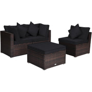 Costway - 4 Pieces Ottoman Garden Patio Rattan Wicker Furniture Set with Cushion-Black