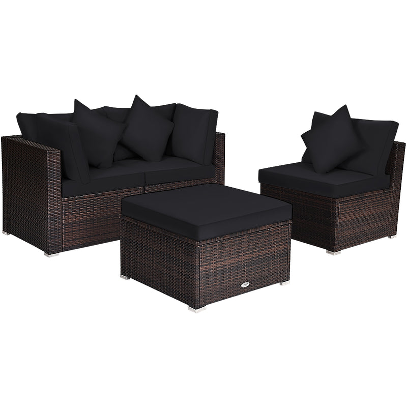 Costway - 4 Pieces Ottoman Garden Patio Rattan Wicker Furniture Set with Cushion-Black