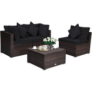 Costway - 4 Pieces Ottoman Garden Patio Rattan Wicker Furniture Set with Cushion-Black