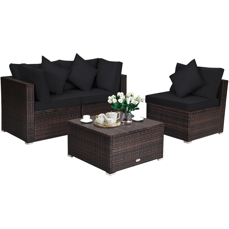 Costway - 4 Pieces Ottoman Garden Patio Rattan Wicker Furniture Set with Cushion-Black