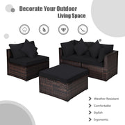 Costway - 4 Pieces Ottoman Garden Patio Rattan Wicker Furniture Set with Cushion-Black