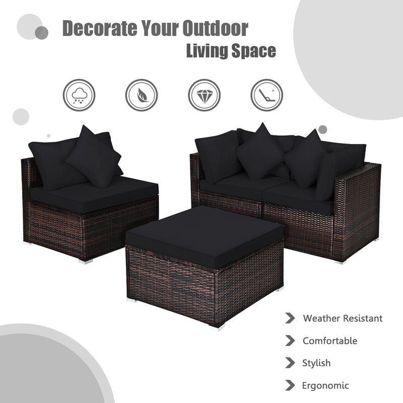 Costway - 4 Pieces Ottoman Garden Patio Rattan Wicker Furniture Set with Cushion-Black