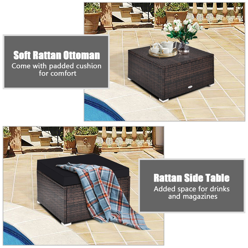 Costway - 4 Pieces Ottoman Garden Patio Rattan Wicker Furniture Set with Cushion-Black