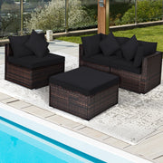 Costway - 4 Pieces Ottoman Garden Patio Rattan Wicker Furniture Set with Cushion-Black
