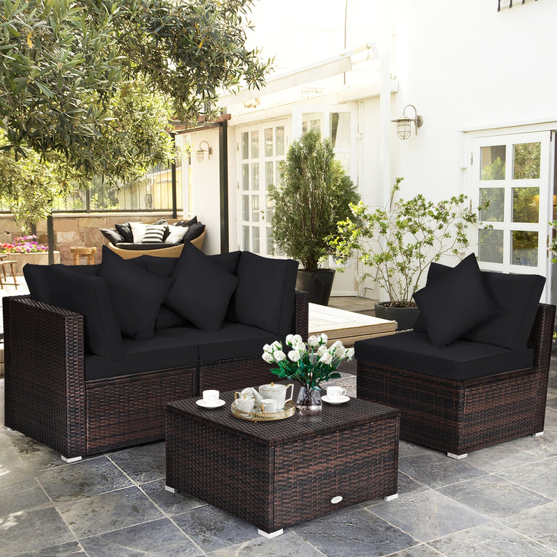 Costway - 4 Pieces Ottoman Garden Patio Rattan Wicker Furniture Set with Cushion-Black