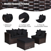 Costway - 4 Pieces Ottoman Garden Patio Rattan Wicker Furniture Set with Cushion-Black
