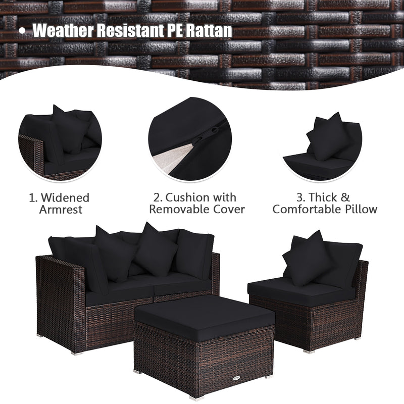 Costway - 4 Pieces Ottoman Garden Patio Rattan Wicker Furniture Set with Cushion-Black