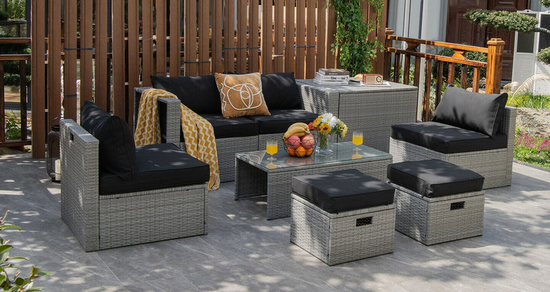 Costway - 8 Pieces Patio Rattan Furniture Set with Storage Waterproof Cover and Cushion-Black