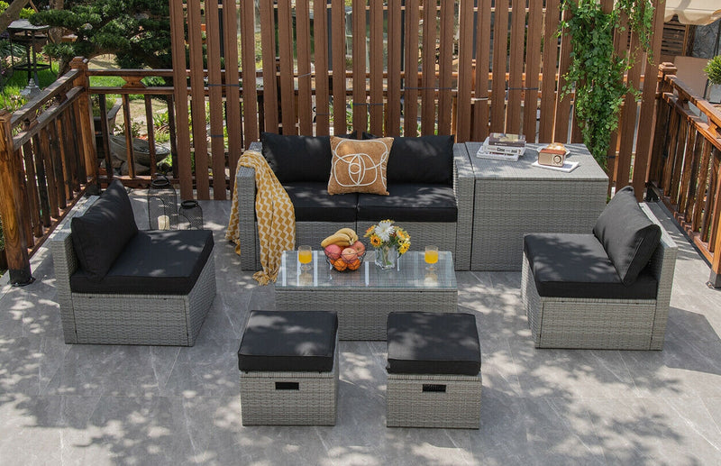 Costway - 8 Pieces Patio Rattan Furniture Set with Storage Waterproof Cover and Cushion-Black