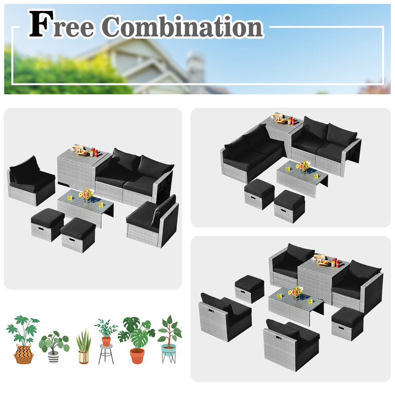 Costway - 8 Pieces Patio Rattan Furniture Set with Storage Waterproof Cover and Cushion-Black