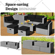 Costway - 8 Pieces Patio Rattan Furniture Set with Storage Waterproof Cover and Cushion-Black