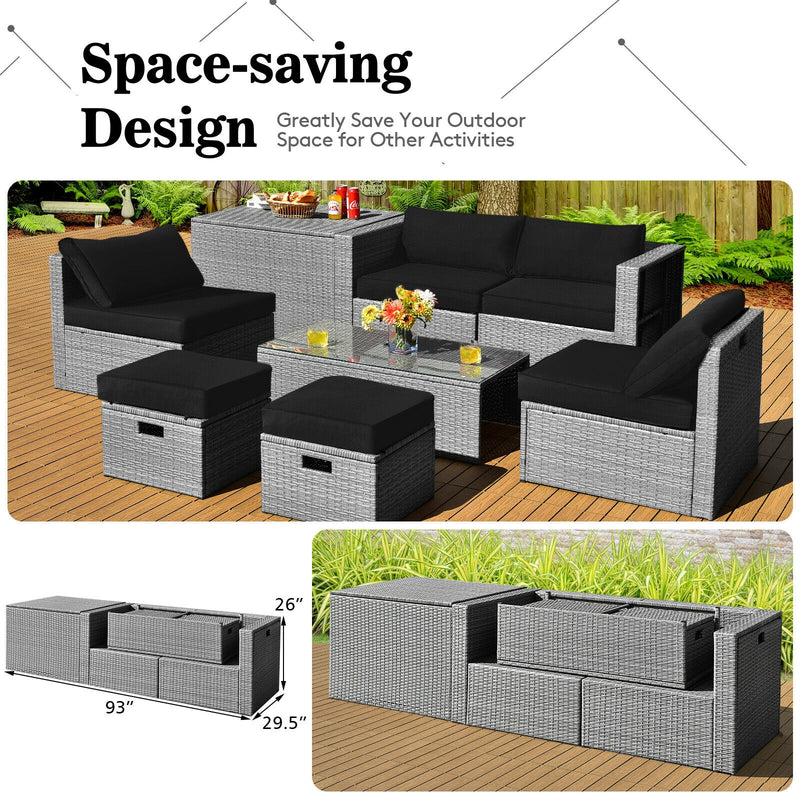 Costway - 8 Pieces Patio Rattan Furniture Set with Storage Waterproof Cover and Cushion-Black