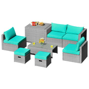 Costway - 8 Pieces Patio Rattan Furniture Set with Storage Waterproof Cover and Cushion-Turquoise