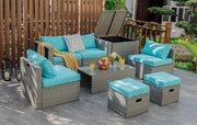 Costway - 8 Pieces Patio Rattan Furniture Set with Storage Waterproof Cover and Cushion-Turquoise