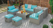 Costway - 8 Pieces Patio Rattan Furniture Set with Storage Waterproof Cover and Cushion-Turquoise