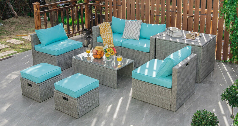 Costway - 8 Pieces Patio Rattan Furniture Set with Storage Waterproof Cover and Cushion-Turquoise