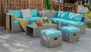 Costway - 8 Pieces Patio Rattan Furniture Set with Storage Waterproof Cover and Cushion-Turquoise