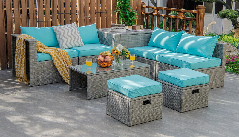 Costway - 8 Pieces Patio Rattan Furniture Set with Storage Waterproof Cover and Cushion-Turquoise