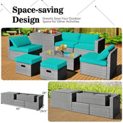 Costway - 8 Pieces Patio Rattan Furniture Set with Storage Waterproof Cover and Cushion-Turquoise