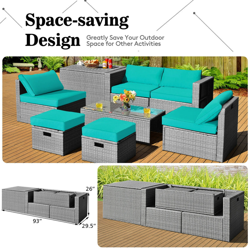 Costway - 8 Pieces Patio Rattan Furniture Set with Storage Waterproof Cover and Cushion-Turquoise