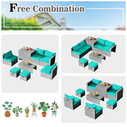 Costway - 8 Pieces Patio Rattan Furniture Set with Storage Waterproof Cover and Cushion-Turquoise