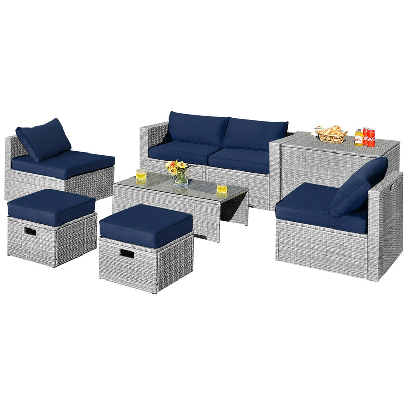 Costway - 8 Pieces Patio Rattan Furniture Set with Storage Waterproof Cover and Cushion-Navy