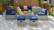 Costway - 8 Pieces Patio Rattan Furniture Set with Storage Waterproof Cover and Cushion-Navy