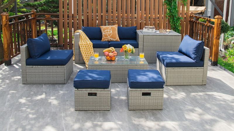 Costway - 8 Pieces Patio Rattan Furniture Set with Storage Waterproof Cover and Cushion-Navy