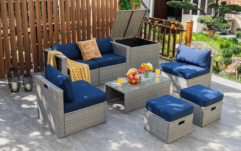 Costway - 8 Pieces Patio Rattan Furniture Set with Storage Waterproof Cover and Cushion-Navy
