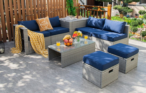 Costway - 8 Pieces Patio Rattan Furniture Set with Storage Waterproof Cover and Cushion-Navy