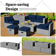 Costway - 8 Pieces Patio Rattan Furniture Set with Storage Waterproof Cover and Cushion-Navy