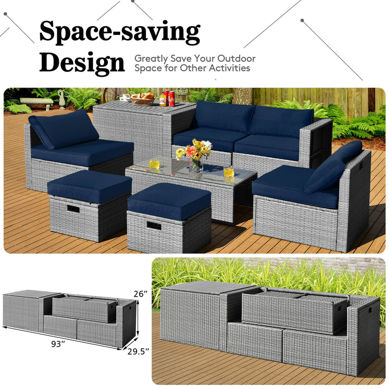 Costway - 8 Pieces Patio Rattan Furniture Set with Storage Waterproof Cover and Cushion-Navy