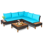 Costway - 4 Pieces Patio Cushioned Rattan Furniture Set with Wooden Side Table-Turquoise