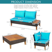 Costway - 4 Pieces Patio Cushioned Rattan Furniture Set with Wooden Side Table-Turquoise